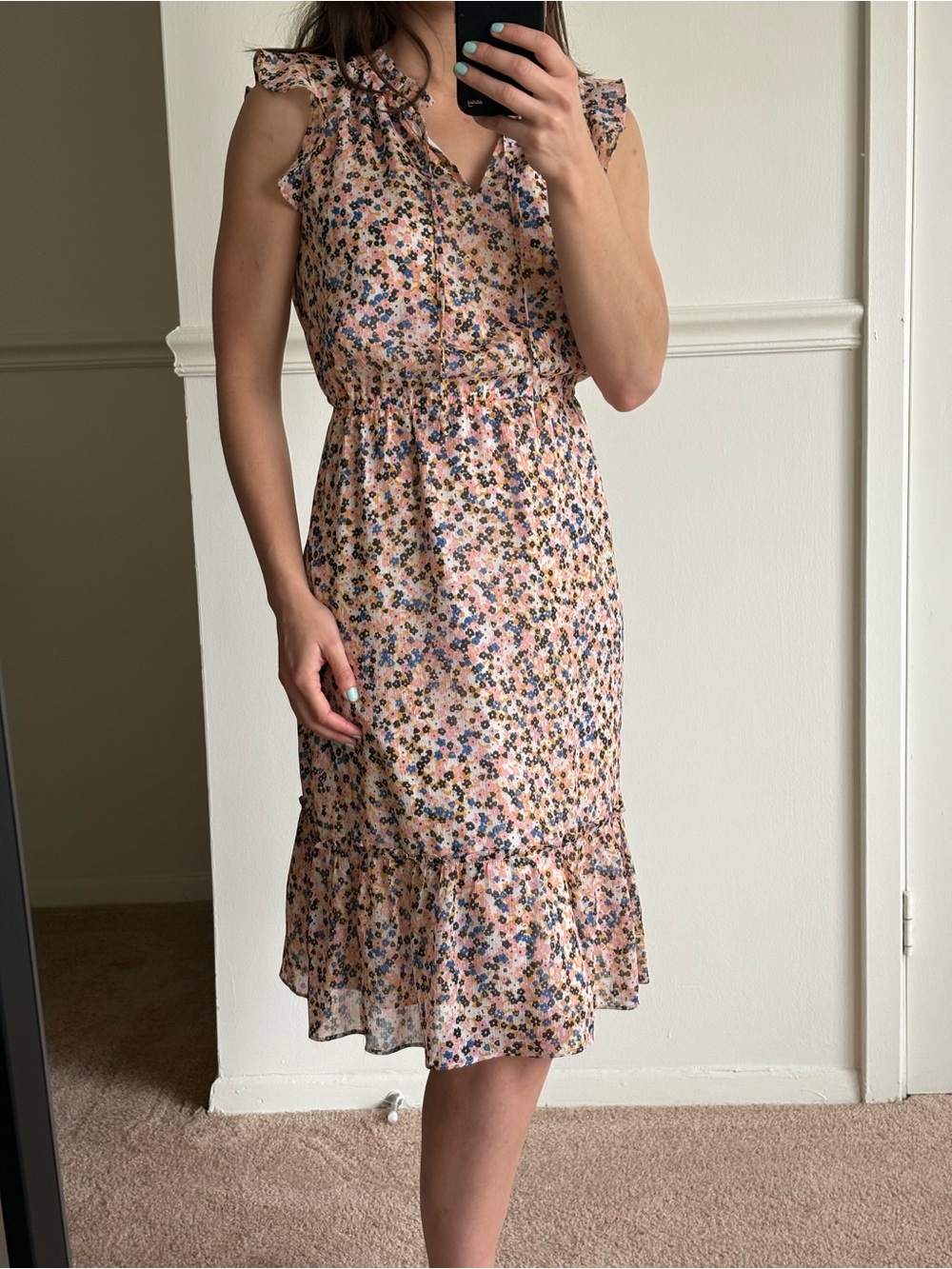 Ann Taylor Peach Floral Midi Dress with Ruffle Sleeves